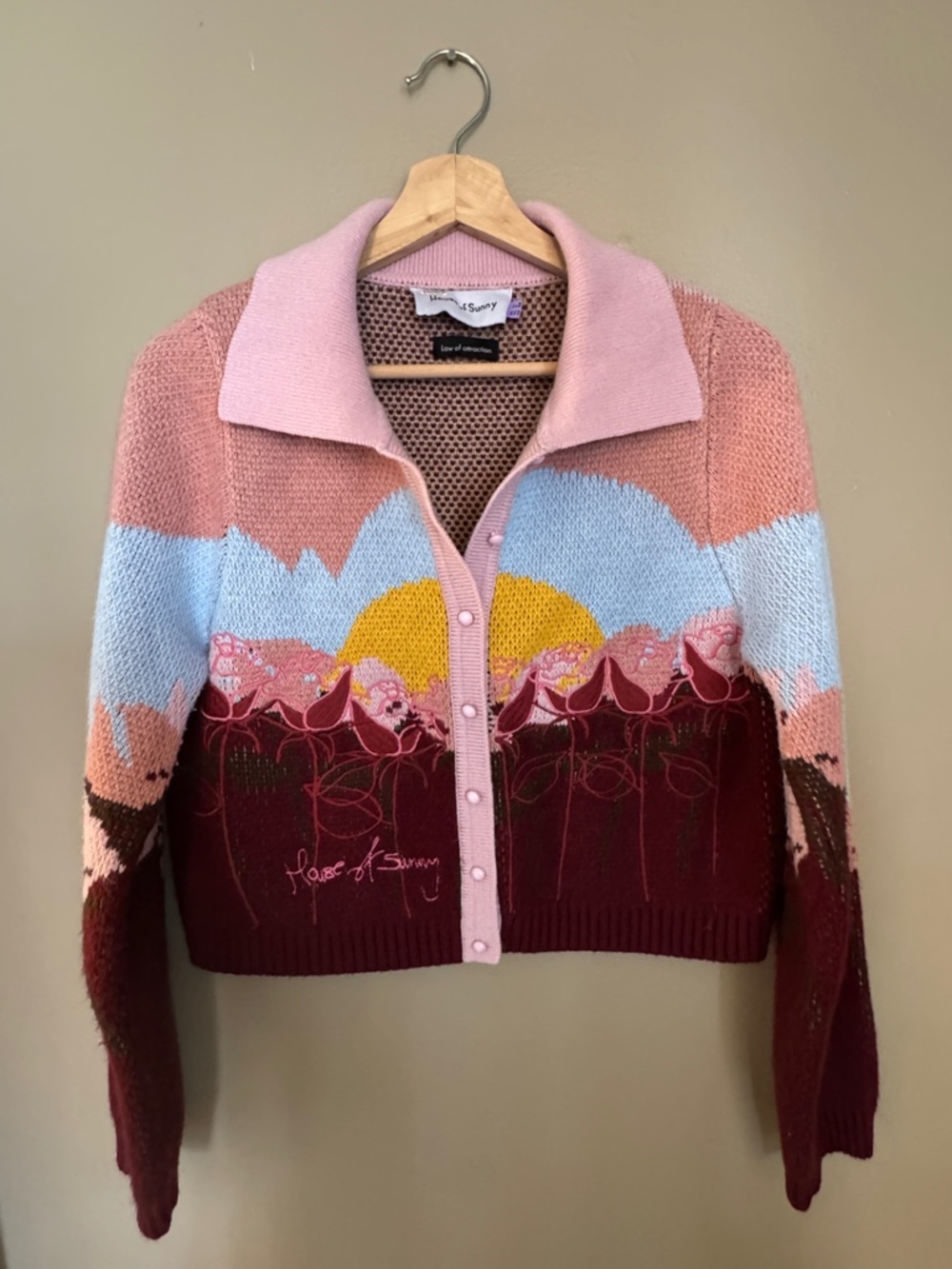 House of Sunny Pink & Burgundy Sunset Scene Cardi